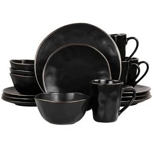Elama ELM-GEORGE16 Modern Stoneware Dinnerware Set with Gold Rim  Matte Black... - Picture 1 of 1