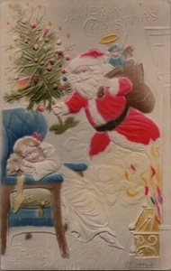 SANTA CLAUS COMES OUT OF CHIMNEY SEES SLEEPING GIRL-EMBOSSED CHRISTMAS POSTCARD - Picture 1 of 2