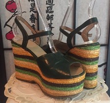 Vtg 70's Mod Designer Leather Wom 5.5 Multic Espadrilles 4 3/4" Heels Platforms