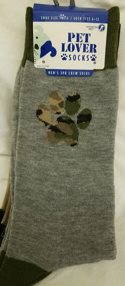 LEXINGTON PET LOVERS Mens Crew Socks 3 Pairs Size 6-12 Camo gray/tan multi