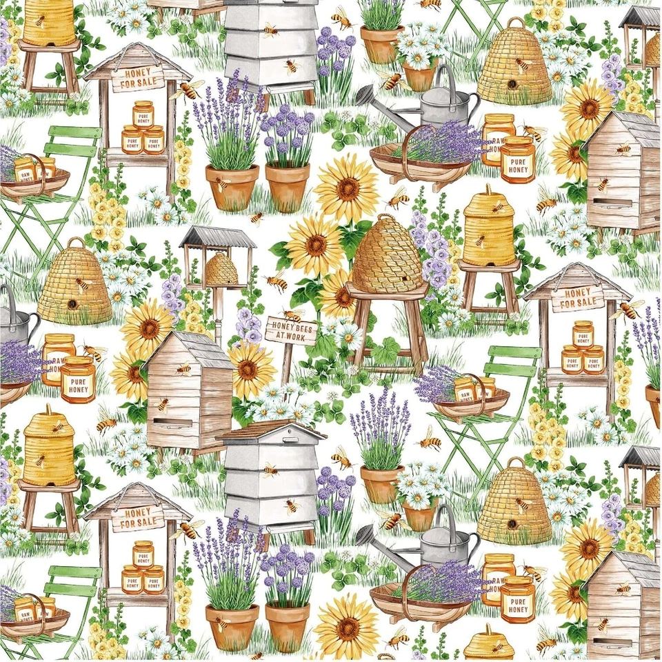 Michael Miller Busy Bee Farm Cotton Fabric on White  1 yard + 21" x 44" - Image 1 of 1