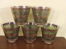 5 Georges Briard Mid Century Modern Old Fashioned Glasses Green & Gold Euc