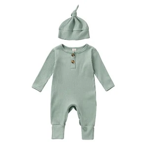 Infant Baby Boys Girls Jumpsuit Solid Long Sleeve Bodysuit Romper with Hat Ne... - Picture 1 of 6
