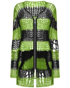 Maglione cardigan Punk Rave da donna a righe gotiche triturate - verde e nero - Foto 1 di 12