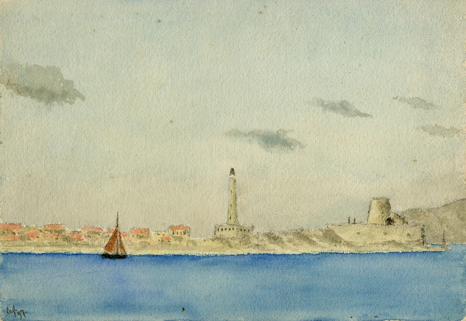 Antique Drawing-View on a lighthouse on Sicily-Anonymous-1897 - Image 1 of 4
