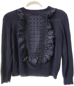 ✨J.Crew Navy Eyelet Summerweight Cotton Sweater - Size Small (EUC) with Ruffles✨ - Picture 1 of 7