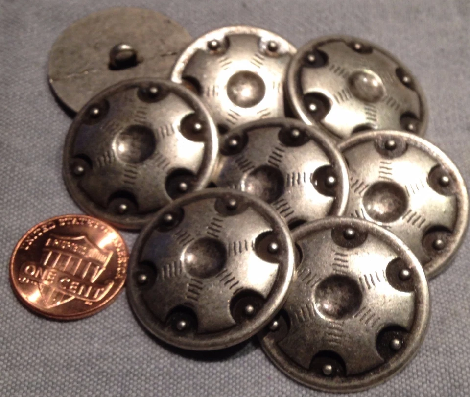 8 Large Antiqued Silver Tone Metal Shank Buttons Slight Dome 1 1/8" 28mm # 7954 - Image 1 of 1