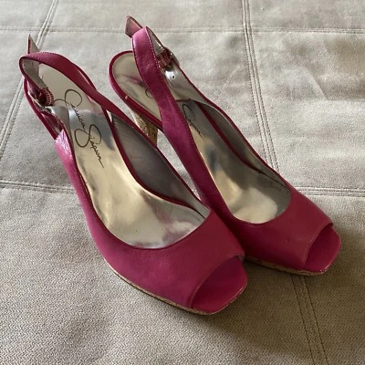 Salto Jessica Simpson Hanson Peep Toe couro cortiça rosa tamanho 7.5 novo - Imagem 1 de 4