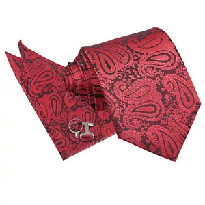 Black Red Classic Skinny Tie Pocket Square Cufflinks Woven Floral Paisley by DQT - Picture 1 of 3