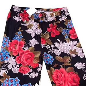 Leggings Pants One Size Active Soft Stretchy Black Floral Rose Elastic Waist  o - Picture 1 of 9