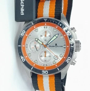 Men Studer Schild Chronograph Morse Watch Silver Steel Case Nato Band Orange - Picture 1 of 11