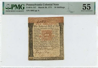 1771 March 20, 10 Shillings Pennsylvania Colonial Note FR#PA-147 PMG AU55 - Image 1 of 2