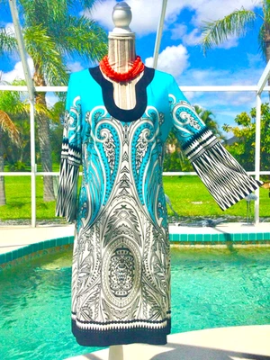 MACYS Turquoise,While,Blk DRAMATIC Design U-neck STRETCHY Sheath Dress 12/L euc - Image 1 of 4