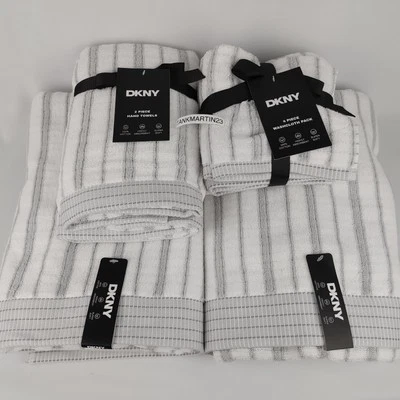 Juego de 8 toallas a rayas blancas y grises DKNY 2 paños de baño y 2 para manos y 4 faciales Foto 1 de 4