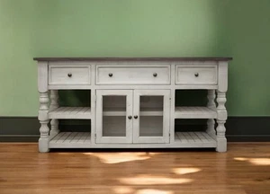 60" Ivory Solid Wood Open shelving Distressed TV Stand - Picture 1 of 5