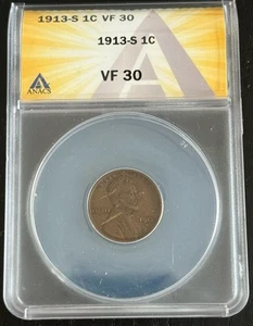 1913-S Lincoln Wheat Cent ANACS VF 30 Coin - TCCCX - Picture 1 of 4