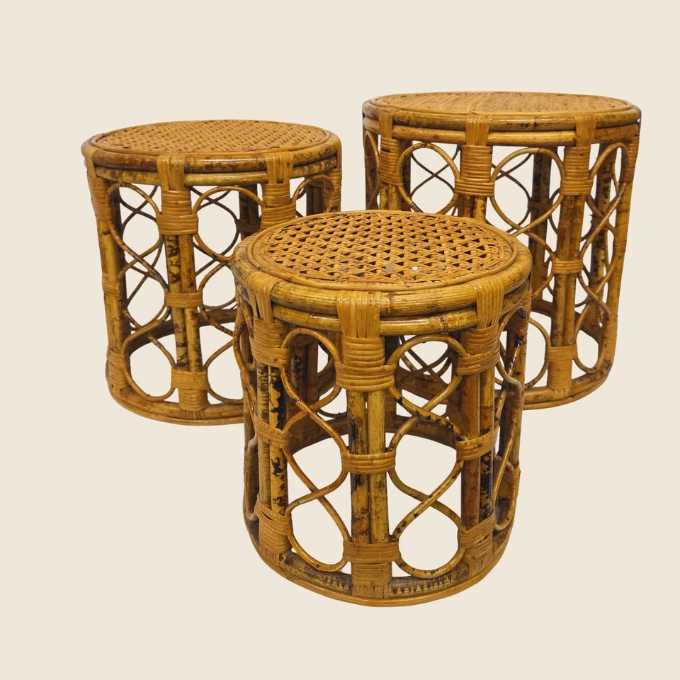 Juego de 3 mesas de bambú vintage de mediados de siglo con soporte para plantas de caña de ratán extremo Foto 1 de 4