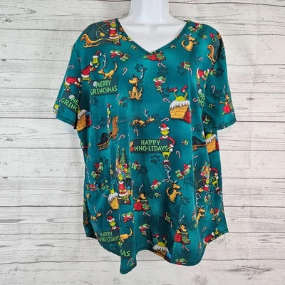 Dr Seuss Womens Scrub Top Sz XL The Grinch Green Red Short Sleeve - Image 1 of 4