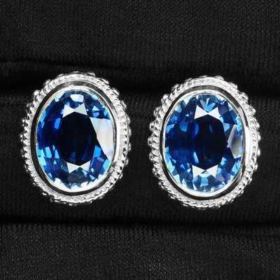 Impresionantes pendientes bisel hechos a mano de plata de ley 925 de 14 quilates con zafiro azul real Foto 1 de 4