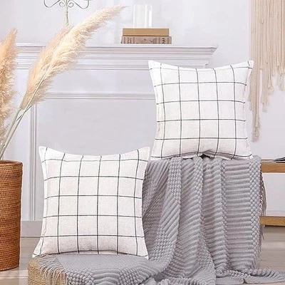  Boho Farmhouse Plaid Throw 16" x 16" (Pack of 2) Beige & Black Plaid Set of 2 - Image 1 of 4