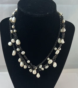 T&B 925 Sterling Silver Freshwater Pearl Triple Chain Necklace 16" - Picture 1 of 16