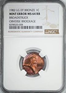 1982 LargeDate Bronze Lincoln Cent 1C NGC Mint Error MS64RB Broadstruck Brockage - Picture 1 of 5