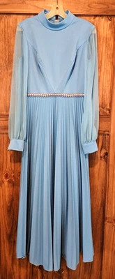 Vintage Miss Rubette Long Blue Dress Womens Size 12 Sheer Sleeve Pleated Skirt - Image 1 of 4