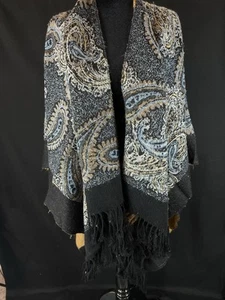 Boho Fransen vorne offen Schal Halstuch Cape - schwarz Paisley Strick Ruana Poncho - Bild 1 von 8