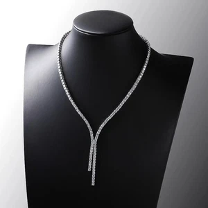 Full Round Moissanite Tennis Necklace V-Shape Tassel Chain 925 Sterling Silver - Picture 1 of 13