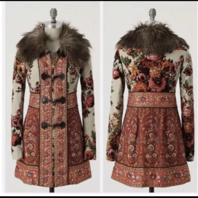 Anthropologie Elevenses Karelia Coat Women Faux Fur Collar Velvet Floral Size 2 - Image 1 of 4
