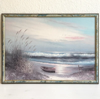Vintage Gemälde Meer Boot Strand Retro Wandbild Maritim Deko Bild RAR #3003 - Bild 1 von 4