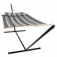 Sunnydaze 2-Person Quilted Spreader Bar Hammock and 15-Foot Stand - Ocean Isle