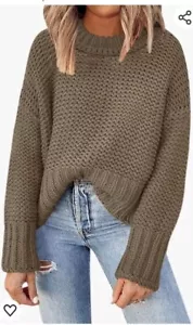 Suéter Pullover Caqui Mangas Largas Tejido Grueso Cuello Redondo Profundo Talla S - Imagen 1 de 6