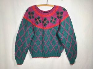 Vtg 90s Oversized Sweater Fair Isle Jewel Tone Wool M L Pullover Lizsport Retro