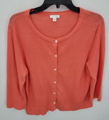 J Jill Cárdigan Suéter Mujer Mediano Salmón Naranja Lino Burron Up Ligero Foto 1 de 4