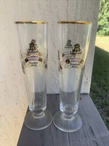 Set of 2 LINDEMANS Tall Fluted Beer Glass Gold Rim Peche Framboise Kriek Cassis - Picture 1 of 2