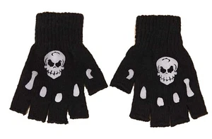 Funky Gothic Stretch Knit SKULL FINGERLESS GLOVES Black Silver Novelty Accessory - Picture 1 of 3