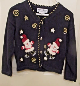 Jack B. Quik Skating Santas Girl's Cardigan Appliqued & more Black sz 10 VGUC - Picture 1 of 4