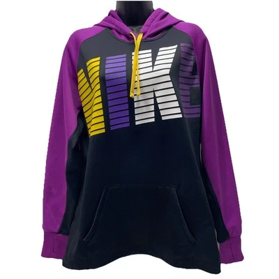 NIKE Therma Fit Hoodie Women’s L Black Purple Spell Out Sweatshirt Color Block - Image 1 of 4