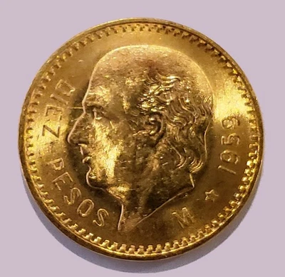 Moneda de oro de 10 pesos Diez 1959 de México AU/BU enviada por correo Foto 1 de 2