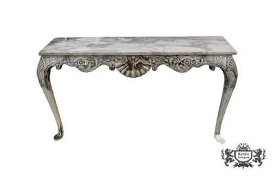 Vintage Venetian Carved Walnut Marble Top Distressed White Wall Console - Image 1 of 4