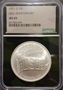 1991 D - USO Proof Commemorative Silver Dollar - NGC MS 69 - Picture 1 of 4