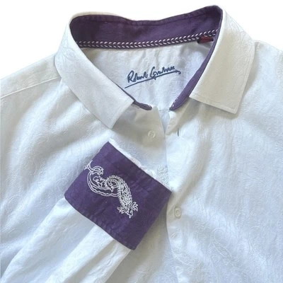 Camisa ROBERT GRAHAM blanca sobre blanca paisley abotonada con detalles morados 43/17 L/XL Foto 1 de 4