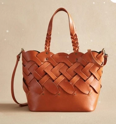 NEW Sundance Catalog “Mariana”Leather Woven Purse Bag  Crossbody Cognac Brown - Image 1 of 4
