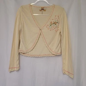 Free People Cream Cropped Bolero Cardigan Embroidered Patchwork Boho Wmn's L - Picture 1 of 9