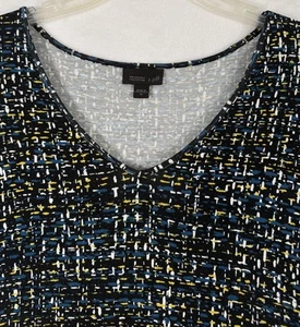 J Jill Wearever Top Medium Black Blue Yellow Print Knit V Neck Rayon Spandex - Picture 1 of 6