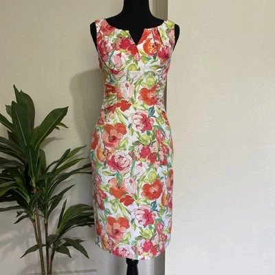 Adrianna Papell Summer Dress 4 Colorful Floral Sleeveless Bodycon Sheath Cotton - Image 1 of 4