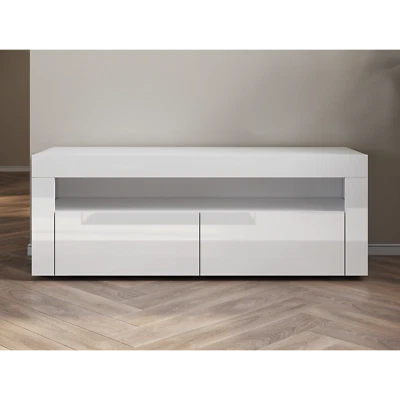 TV Schrank mit 2 Klapptüren und LED Beleuchtung TV Lowboard Weiß Hochglanz - Bild 1 von 4