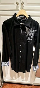 Victorious Men's Black Embroidered Long Sleeve Collared Button-Up Shirt 2XL - Picture 1 of 5
