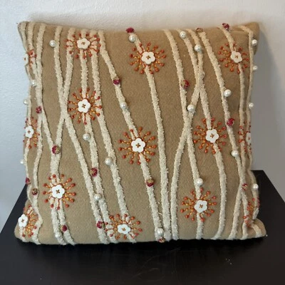 Pier 1 Imports Wool Throw Pillow Floral Embroidered Beaded 16 x 16 Sunburst Rare - Image 1 of 4